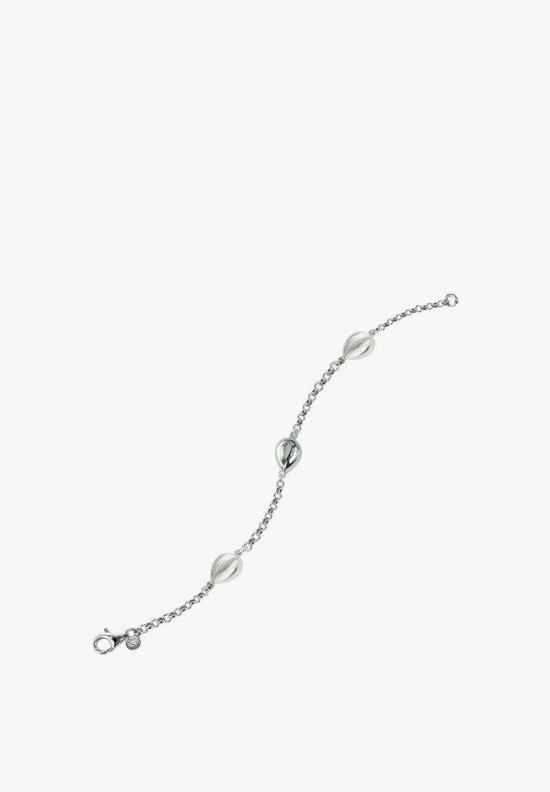 Bracelet en argent composé d'une chaîne délicate avec trois éléments distincts en forme de perles, finitions lisses et texturées, et fermeture à fermoir mousqueton.