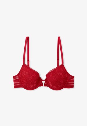 Roter Spitzen-BH mit geformten Cups, verstellbaren Trägern und dekorativen gewellten Kanten. Strukturierte Blumenmuster und ein Hakenverschluss in der Mitte.