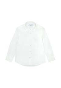 White long-sleeve shirt made of smooth fabric, featuring a standard collar, front buttons, and a small logo on the chest.