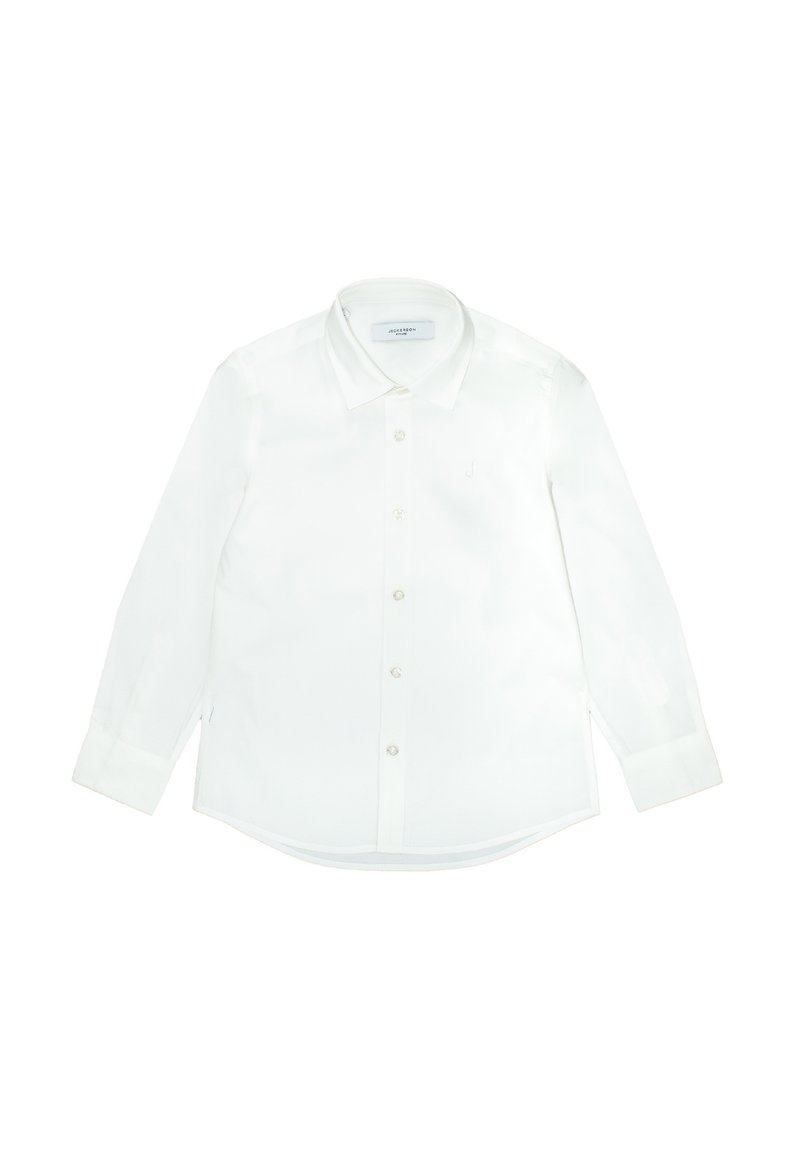 White long-sleeve shirt made of smooth fabric, featuring a standard collar, front buttons, and a small logo on the chest.