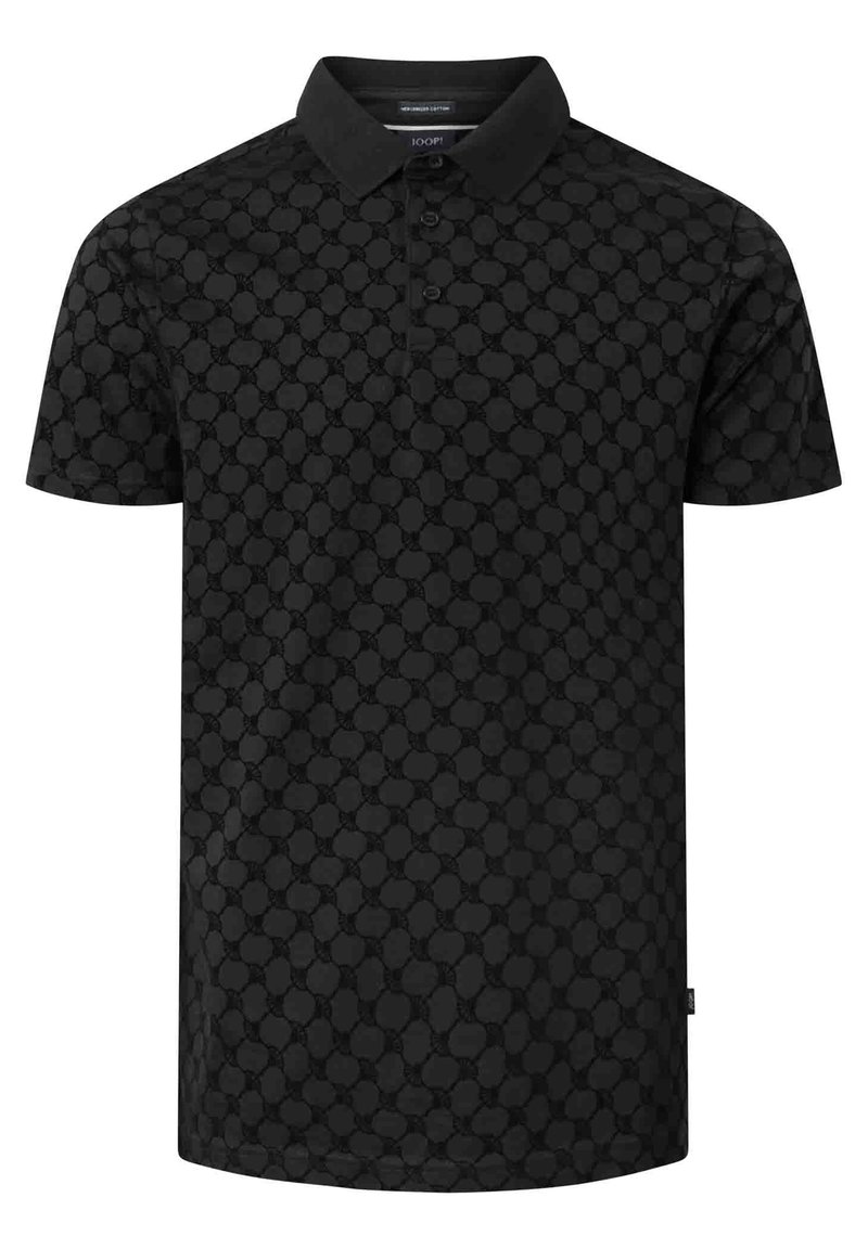 Polo noir avec un motif texturé de cercles entrelacés, manches courtes et col classique. Doté d'une patte de boutonnage à trois boutons.