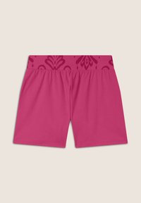 Pantaloni shorts rosa con una cintura a fantasia, realizzati in tessuto morbido. Presentano una cintura elasticizzata per il massimo comfort e un design a gamba dritta.