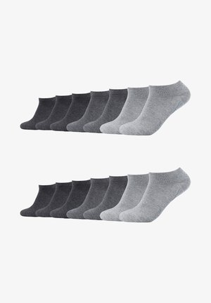 Pack of 12 ankle socks in varying shades of gray and black. Made of smooth, stretchy material with a ribbed cuff and seamless toe.