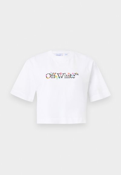 Λευκό cropped t-shirt με κοντά μανίκια, διακοσμημένο με πολύχρωμη κεντημένη λουλουδένια διακόσμηση και το λογότυπο "Off-White" στο μπροστινό μέρος. Κατασκευασμένο από βαμβάκι.