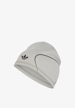 Light grey athletic beanie with black curved line design and black Adidas Trefoil logo on side.