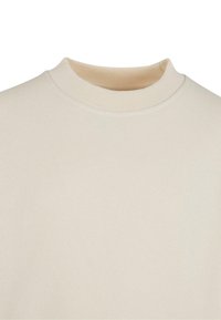 Crème-kleurige sweatshirt met een hoge geribbelde kraag, gemaakt van zacht materiaal. Heeft een gladde, textuur oppervlak zonder zichtbare patronen of versieringen.