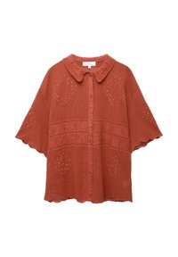 Rostfärgad skjorta med knappar, som har en scalloped nederdel, texturerad tyg och blommönster broderade framtill och på ärmarna.