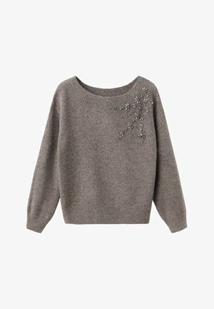 Suéter de punto gris hecho de una tela suave, con un escote ancho y mangas largas, que presenta adornos con un patrón floral en el frente.