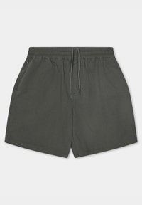 Grijze, lichte zwemshorts met een elastische tailleband en een koord, en zijzakken. Gladde textuur, boven de knie lengte.
