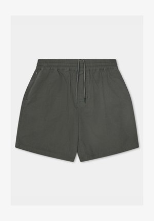 Grijze, lichte zwemshorts met een elastische tailleband en een koord, en zijzakken. Gladde textuur, boven de knie lengte.