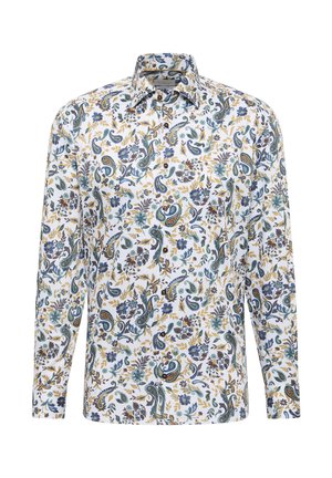 Langarmshirt met een witte basis en een multicolore paisley- en bloemenpatroon in blauw, geel en groen. Knopsluiting aan de voorkant en kraag.