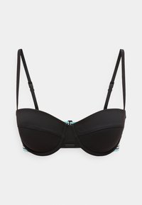 Fekete alátámasztós melltartó állítható vékony pántokkal és finom türkiz béléssel, amely az alapnál és az elülső középső kapocsnál látható.