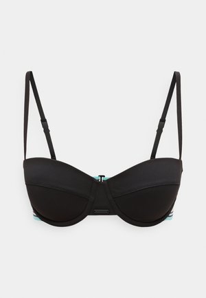Schwarzer Bügel-BH mit verstellbaren dünnen Trägern und einem dezenten türkisen Rand, der am unteren Rand und der vorderen Verschlussstelle sichtbar ist.