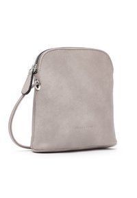 Graue Kunstleder-Crossbody-Tasche mit einem Reißverschluss, flacher Form und abnehmbarem Riemen. Verfügt über ein dezentes, geprägtes Logo auf der Vorderseite.