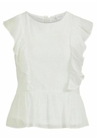 Bílá blůza s volánkovými krátkými rukávy, kulatým výstřihem a peplum spodním okrajem. Vyrobená z lehkého materiálu s jemnou texturou.