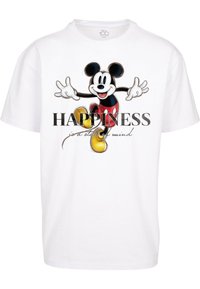 Hvit bomulls T-skjorte med et fargerikt grafisk bilde av Mickey Mouse og teksten "LYKKE er en sinnstilstand" i fet skrift.