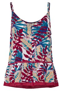 Květinový top na ramínka s nastavitelnými popruhy. Má barevný vzor listů v červené, modré a broskvové barvě na bílém pozadí a peplum lem.