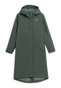 Mørkegrøn, knælængde jakke lavet af glat stof, med hætte, to sidelommer og en fuld lynlås foran.