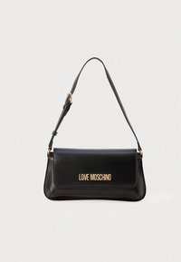 Black leather handbag with a flat design, featuring a gold "LOVE MOSCHINO" logo and a detachable strap. Smooth texture with minimal accents.