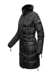 Black puffer coat with a high collar, snap buttons, side pockets, and ribbed cuffs. Features a soft fur lining and smooth fabric texture.