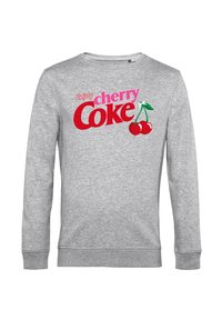 Felpa grigia con la scritta "Enjoy cherry Coke" in rosso e rosa, con una grafica di due ciliegie, collo rotondo e maniche lunghe.