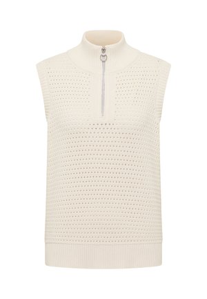 Cremefarbenes, ärmelloses Strickweste mit durchlochenem Muster, geripptem Stehkragen und vorderem halb offenem Reißverschluss mit rundem Metall-Ziehgriff.