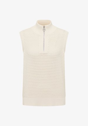 Veste tricotée sans manches crème avec motif perforé, col montant côtelé et demi-fermeture éclair à l'avant avec tirette métallique ronde.