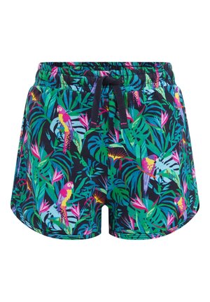 Marineblå shorts med elastisk talje og snøre, med farverigt tropisk løv- og papegøjemønster i grøn, pink, gul og blå.