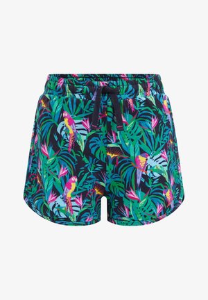Granatowe szorty z elastycznym pasem i troczkiem, ozdobione kolorowym nadrukiem tropikalnych liści i papug w zielonym, różowym, żółtym i niebieskim kolorze.