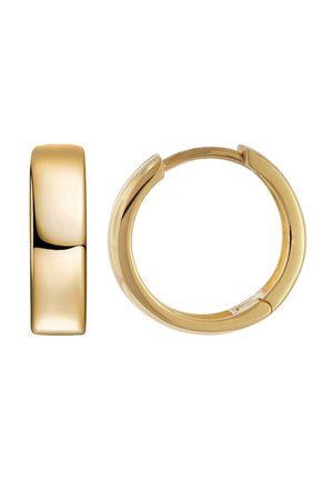 Glatt polierte goldene Creolen, eine geschlossen und die andere offen gezeigt, wobei der Verschlussmechanismus hervorgehoben wird.