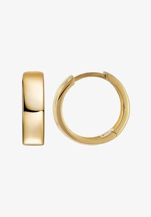 Glatt polierte goldene Creolen, eine geschlossen und die andere offen gezeigt, wobei der Verschlussmechanismus hervorgehoben wird.