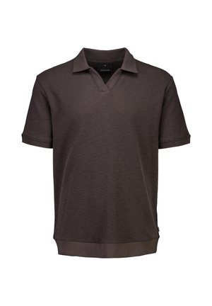 Polo a maniche corte marrone scuro con tessuto strutturato, colletto a V e polsini e orlo a costine.