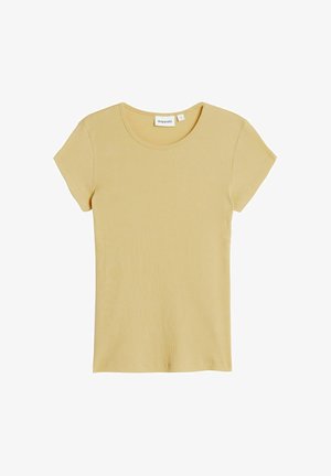 Żółta, prążkowana koszulka z krótkimi rękawami i okrągłym dekoltem. Metka zawiera nazwę "Kappahl" oraz rozmiar "S". Gładka bawełniana tekstura.