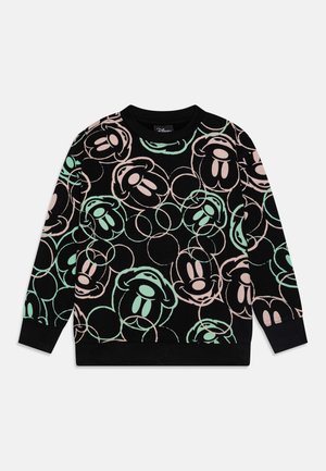 Sort langærmet sweatshirt med abstrakte Mickey Mouse-hovedmønstre i pastelrosa og mintgrøn over det hele.