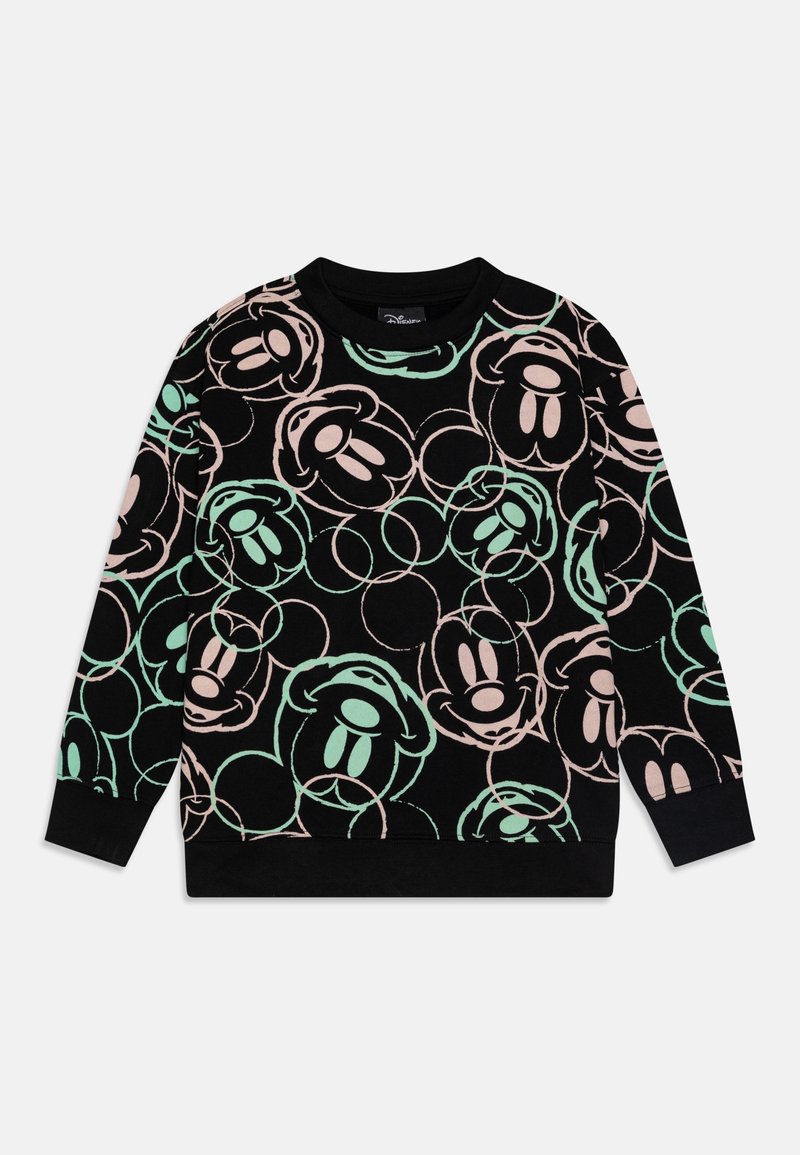 Sweat-shirt noir à manches longues avec des motifs abstraits de tête de Mickey Mouse en rose pastel et vert menthe partout.