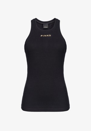Czarny prążkowany bezrękawnik z logo „PINKO” w beżowym kolorze, umieszczonym centralnie poniżej dekoltu.