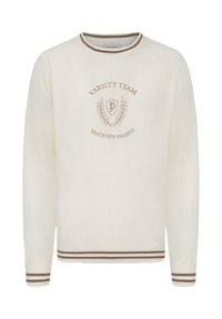 Sudadera color blanco roto con detalles acanalados en marrón en el cuello y los puños, con un gráfico central que dice "VARSITY TEAM" y un diseño de escudo.