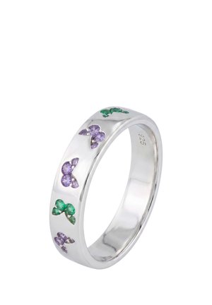 Silver band ring with alternating purple and green butterfly-shaped gemstones, stamped 925 inside.