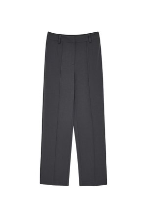 Graue maßgeschneiderte Hose mit geradem Schnitt, ausgestattet mit zwei vorderen Falten, seitlichen Taschen und Gürtelschlaufen. Hergestellt aus einem glatten Stoff.