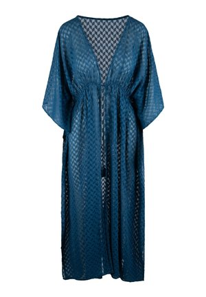 Maxi kimono v tmavej teal. Vyrobený z priesvitnej, textúrovanej tkaniny s chevronovým vzorom. Má výstrih do V a voľné batwing rukávy.