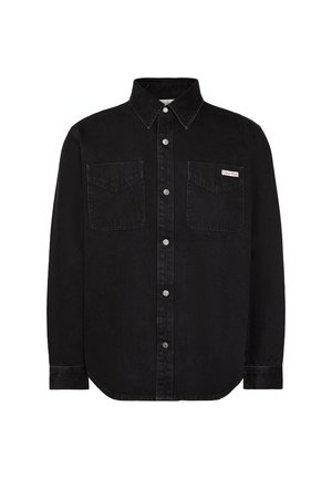 Sort langærmet denimskjorte med knapper foran, to brystlommer og lille Calvin Klein-logo på den højre brystlomme.