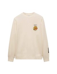 Felpa color crema con maniche lunghe, caratterizzata da una grafica stampata di un hamburger e dal testo "N.Y.C" sul petto. Polsini e orlo a coste.