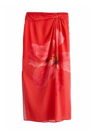 Roter knielanger Rock mit großem pinkem Blumenmuster und gerafftem Taillendetail.