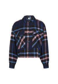Geknipte flanellen jas in marineblauw, zwart en pastelroze. Beschikt over twee voorzakken, knoopsluiting en een contrasterend geruit patroon.