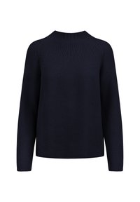 Granatowy prążkowany sweter z dzianiny, z okrągłym dekoltem, długimi rękawami i luźnym krojem, z subtelną pionową fakturą na całej powierzchni.