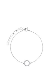 Srebrna bransoletka z delikatnym łańcuszkiem i okrągłym zawieszką ozdobionym małymi przezroczystymi kamieniami szlachetnymi. Regulowane zapięcie umożliwiające dopasowanie rozmiaru.