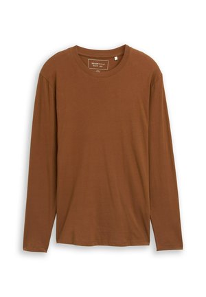 Langärmliges, braunes T-Shirt mit Rundhalsausschnitt, aus weichem Stoff. Verfügt über ein Etikett am inneren Kragen und hat einen geraden Schnitt am Saum.