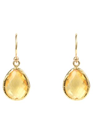 Gold drop earrings with faceted teardrop-shaped yellow gemstones in a simple gold bezel setting and hook closures.