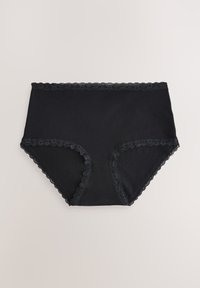 Sorte bomulds trusser med høj talje, der har en fin blondekant langs linningen og benåbningerne, med en glat, blød tekstur.