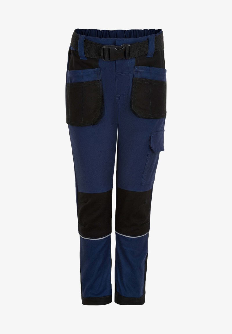 Work trousers in navy and black, featuring multiple pockets, a belt with clip closure, and reinforced lower legs for durability.